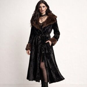 Vintage Betty Rose Black Faux Fur Plush Velvet Coat Belted Double Breasted